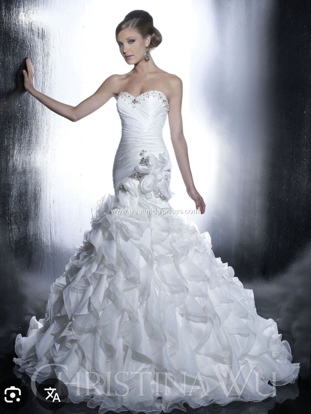 New With Tags Never Altered Christina Wu White Strapless Ruffled Wedding Dress